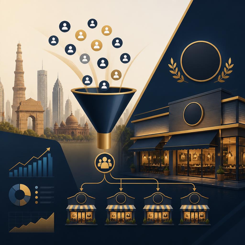 B2B franchise investor lead generation funnel with growth charts, qualified leads, and multi-unit restaurant expansion