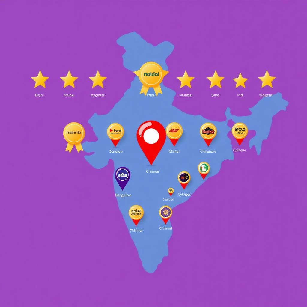 Leaderboard of top restaurant consulting firms in India with star badges over map of India with Delhi Mumbai Bangalore Chennai pins on purple to cyan gradient