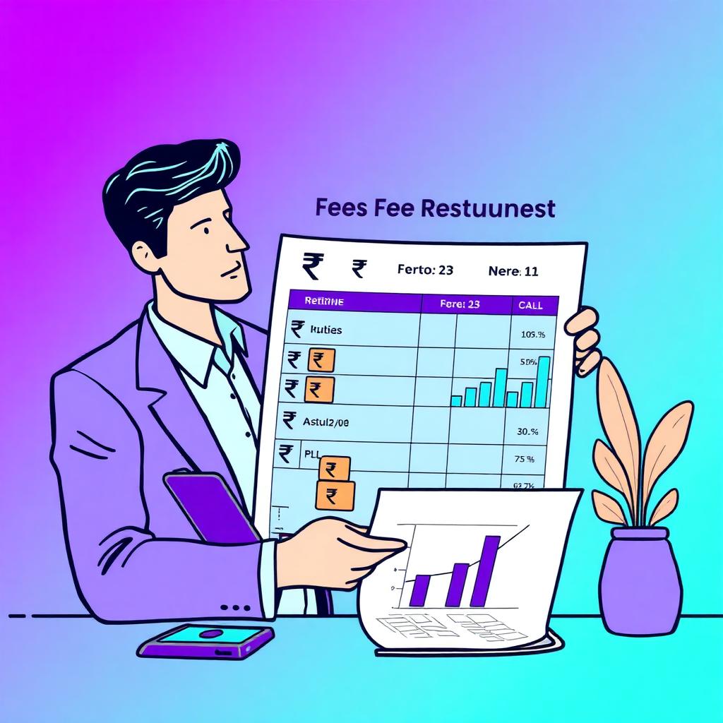 Restaurant business consultant reviewing fee structure sheet with rupee icons and retainer tier blocks on a purple to cyan gradient background