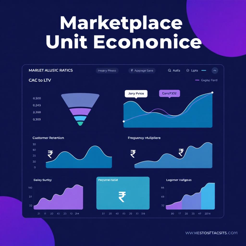 Marketplace unit economics dashboard showing CAC to LTV ratio, customer retention curves, and frequency multipliers with rupee metrics