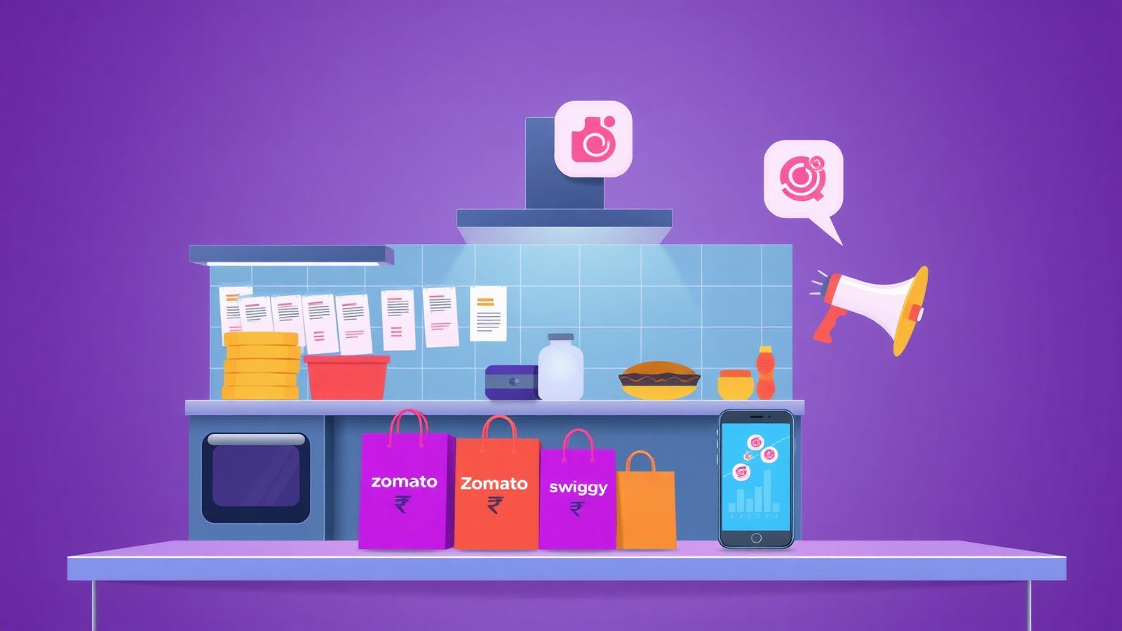 Cloud kitchen interior with printed Zomato and Swiggy order tickets, delivery rider bags at the pickup counter and a phone showing rising order chart with rupee icons
