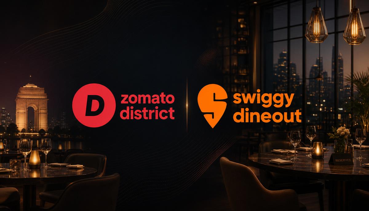 Zomato District and Swiggy Dineout logos in a premium Delhi NCR restaurant setting