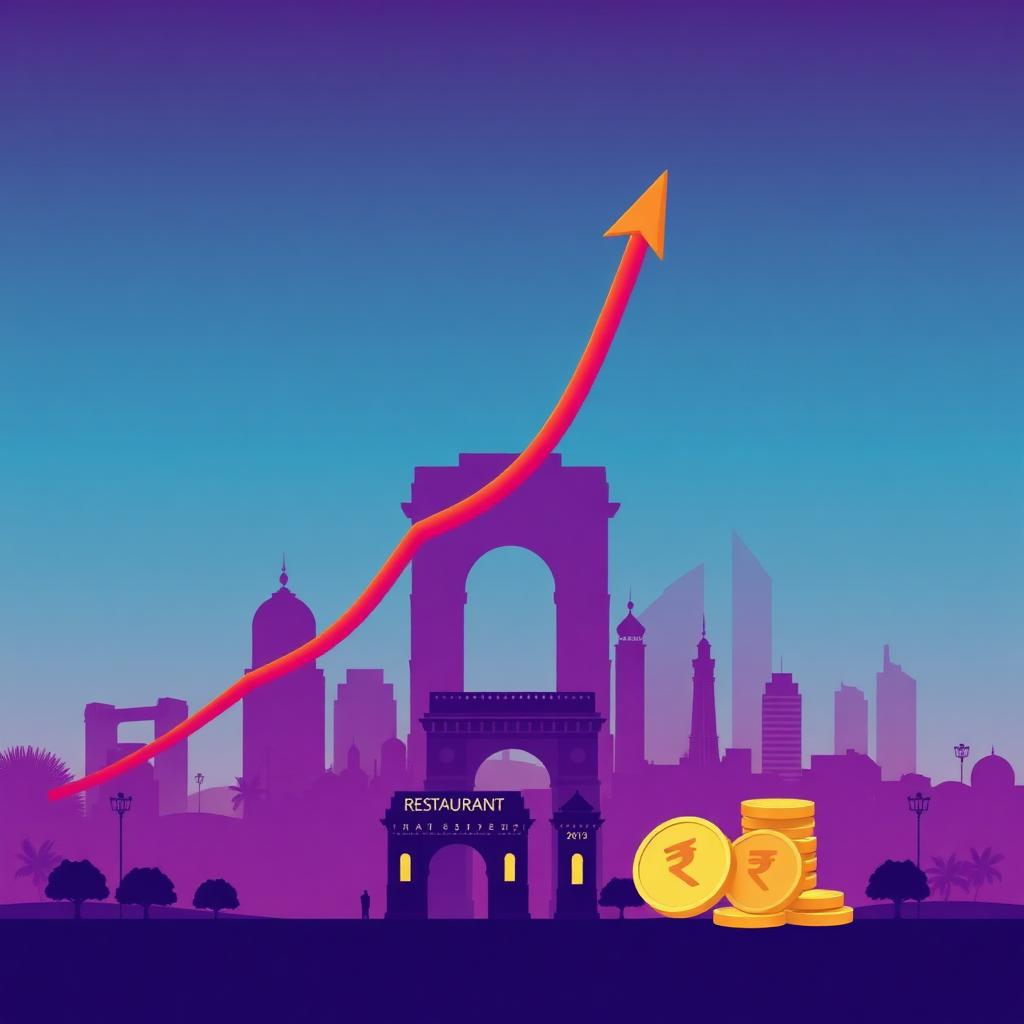Restaurant growth chart shooting upward over Delhi NCR skyline with 90-day calendar tiles and rupee coins, purple to cyan gradient background