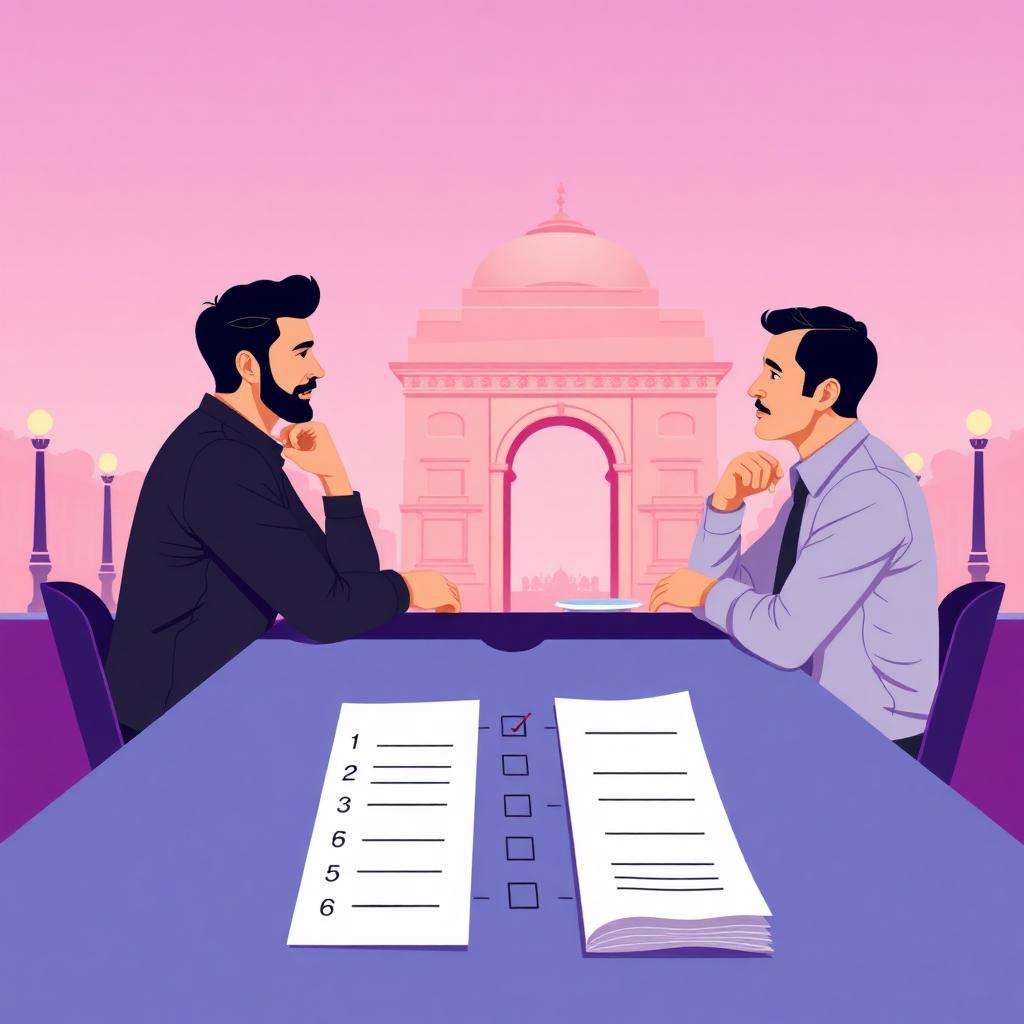 Restaurant owner and consultant sitting across a table in Delhi with a numbered 10-question checklist, India Gate silhouette in the background
