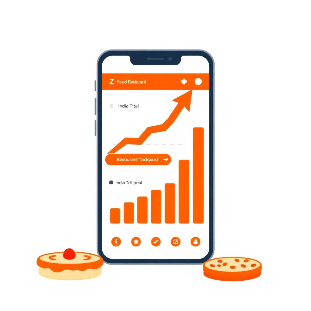Zomato food delivery growth dashboard on a smartphone with rising bar chart and Indian food icons