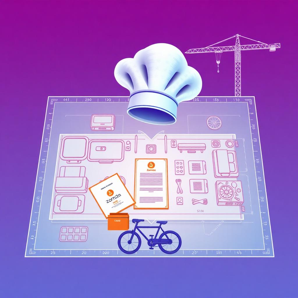 Blueprint of a new restaurant floor plan with chef hat, menu card and delivery bike icon on purple to cyan gradient background