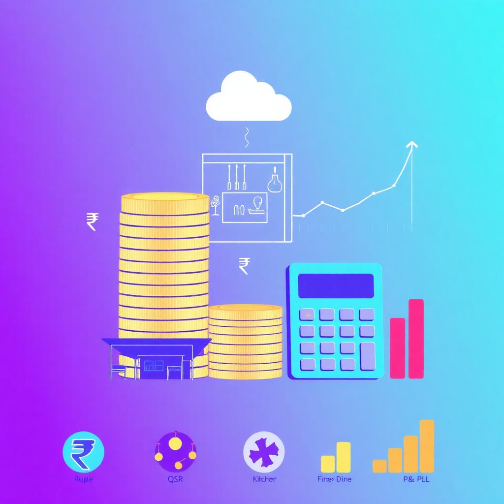 Restaurant budget calculator illustration with rupee coins, floor plan, kitchen icon and P&L chart on purple to cyan gradient background