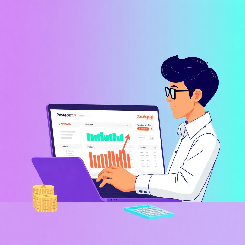 Indian restaurant consultant reviewing Zomato and Swiggy dashboard with rupee coin stacks and a calculator on a purple-cyan gradient background