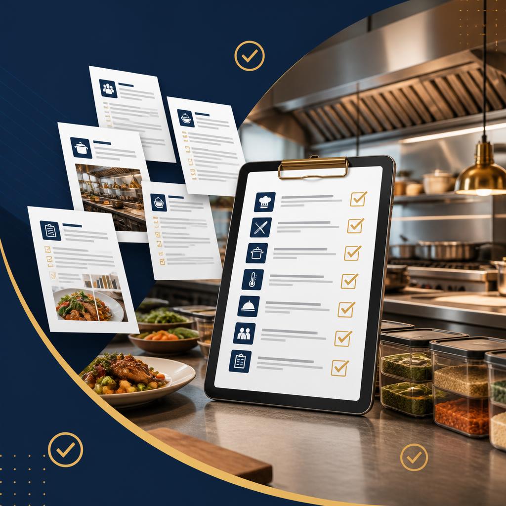 Professional restaurant SOP checklist with kitchen operations documents, checkmarks, and organized supply chain protocols