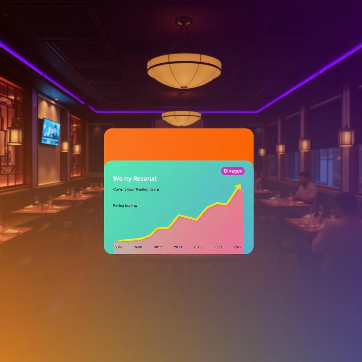 Warmly-lit restaurant interior with diners at full tables, overlaid Swiggy Dineout reservation card and rising booking chart on an orange-purple-cyan gradient — 2026 Swiggy Dineout marketing strategy