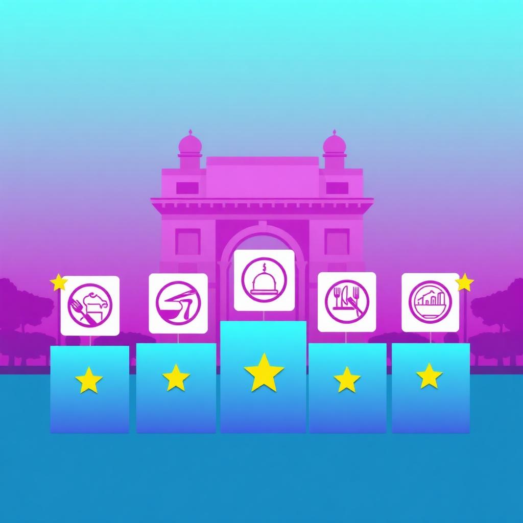 Leaderboard-style illustration of top restaurant consulting companies in Delhi with icons and star badges, India Gate silhouette in the background, purple and cyan gradient