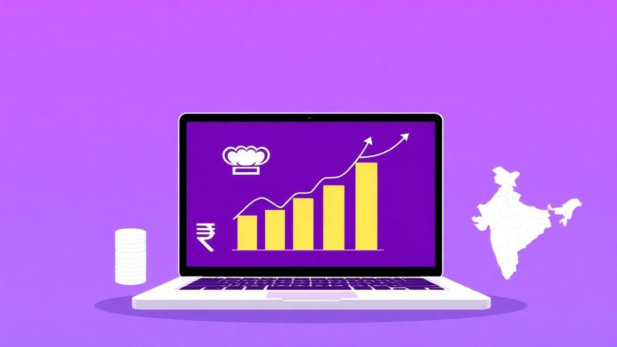 Laptop with rising bar chart, chef's hat icon, rupee coin stack and outline map of India on a purple gradient background — 2026 ranking of top restaurant consulting companies in India