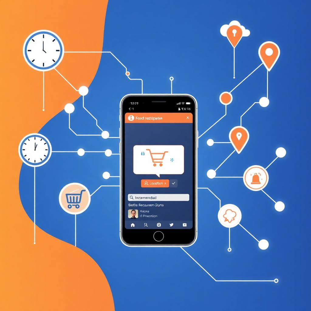 AI personalisation engine diagram with neural network nodes connecting time, weather, cart and location signals into a personalised food delivery app screen