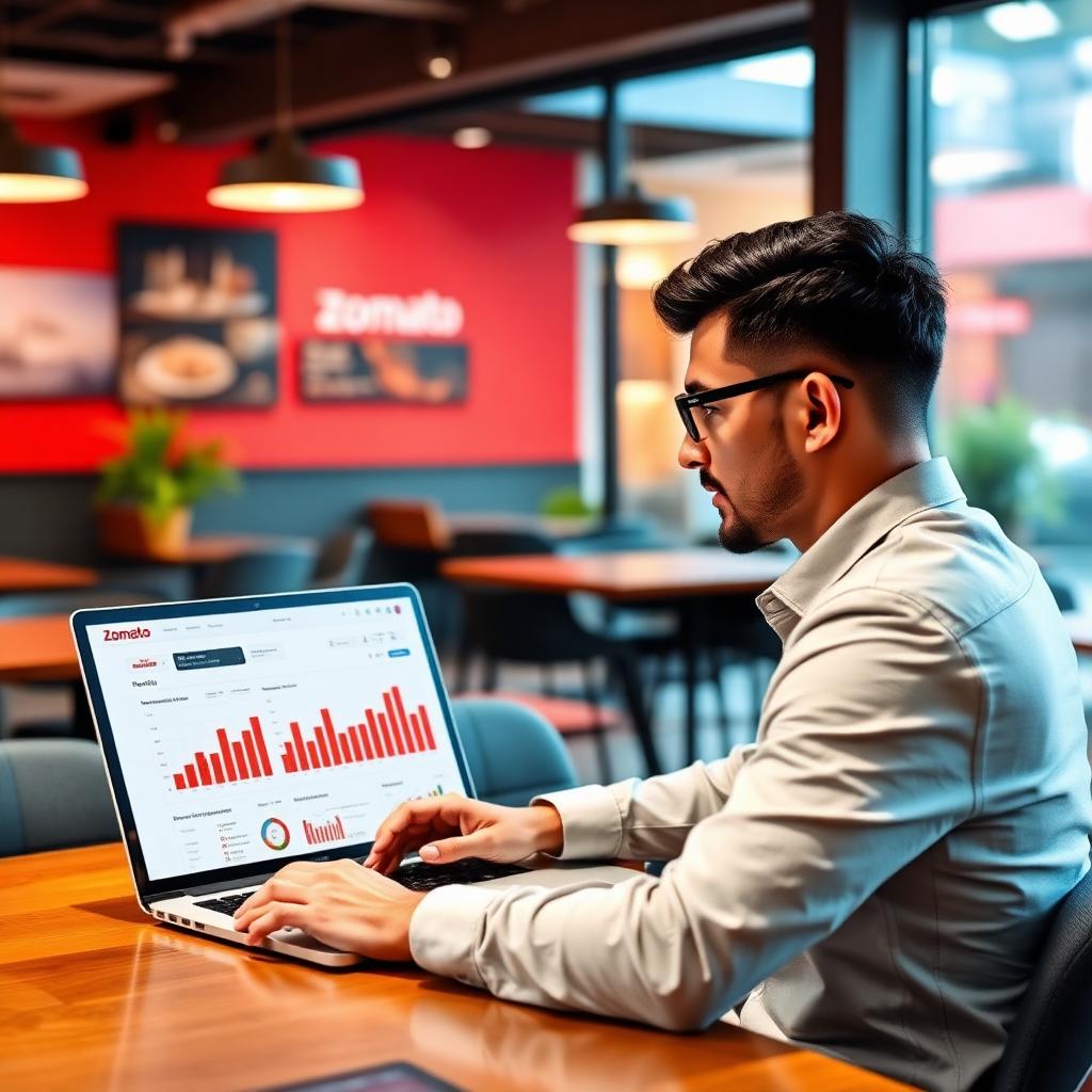 Zomato marketing consultant analyzing restaurant performance dashboards, ranking signals, and ad ROI metrics for an Indian restaurant brand
