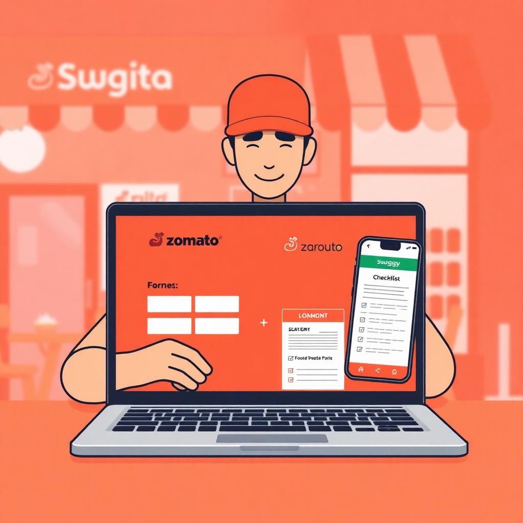Restaurant owner completing Zomato and Swiggy onboarding on a laptop with FSSAI documents and menu checklist