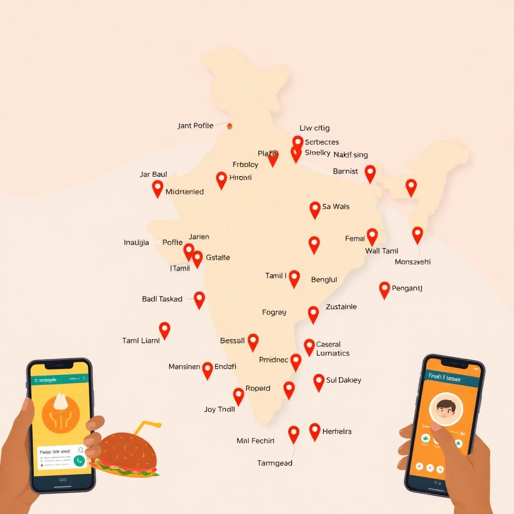 India map with Tier 2 and Tier 3 city markers, regional language overlays, micro-influencer icons and food delivery app screens