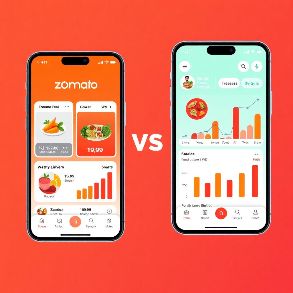 Side by side comparison of Zomato and Swiggy food delivery apps on two smartphones with performance charts