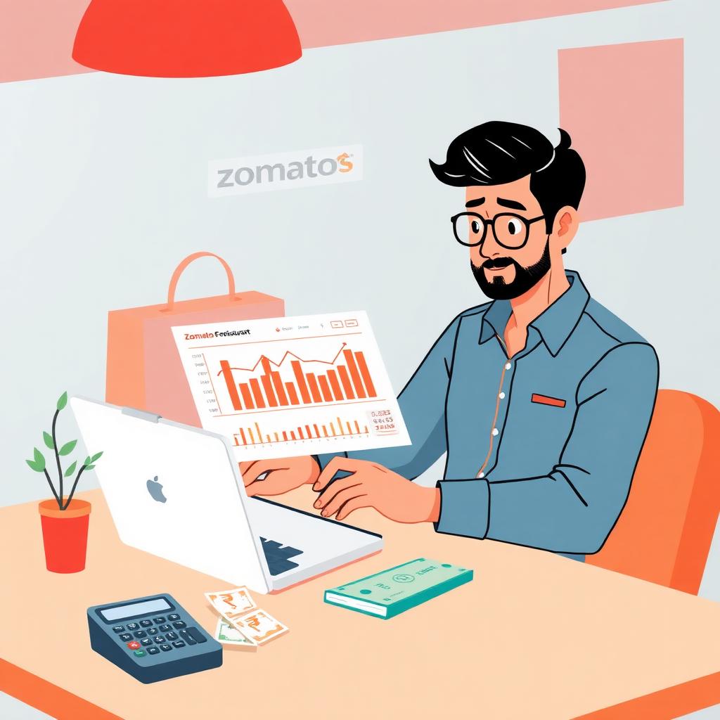 Restaurant owner analyzing Zomato commission, margins, and ad ROI on a laptop with calculator and rupee notes
